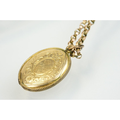 332 - Gold front and back locket mounted to a gold plated belcher link chain, Victorian 9ct gold mourning ... 