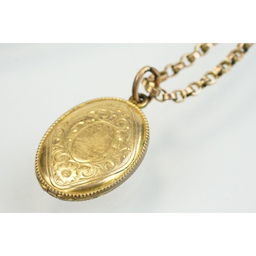 332 - Gold front and back locket mounted to a gold plated belcher link chain, Victorian 9ct gold mourning ... 