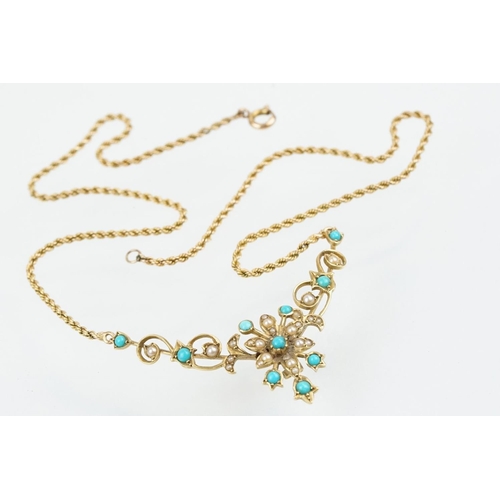 34 - 19th Century Victorian 15ct gold, seed pearl and turquoise collar necklace. The floral articulated c... 