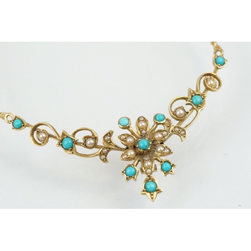 34 - 19th Century Victorian 15ct gold, seed pearl and turquoise collar necklace. The floral articulated c... 