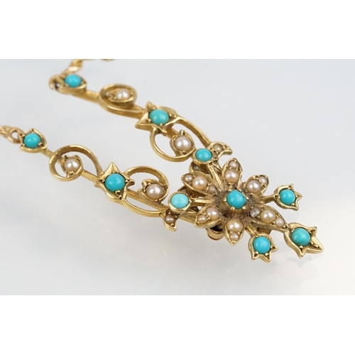 34 - 19th Century Victorian 15ct gold, seed pearl and turquoise collar necklace. The floral articulated c... 