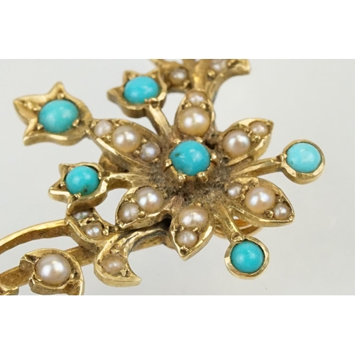 34 - 19th Century Victorian 15ct gold, seed pearl and turquoise collar necklace. The floral articulated c... 