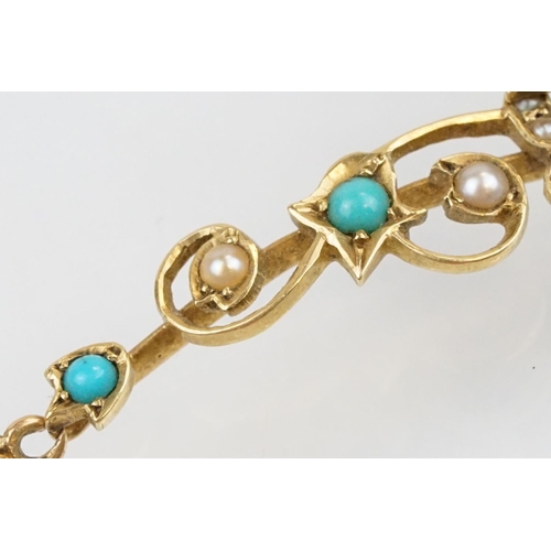 34 - 19th Century Victorian 15ct gold, seed pearl and turquoise collar necklace. The floral articulated c... 