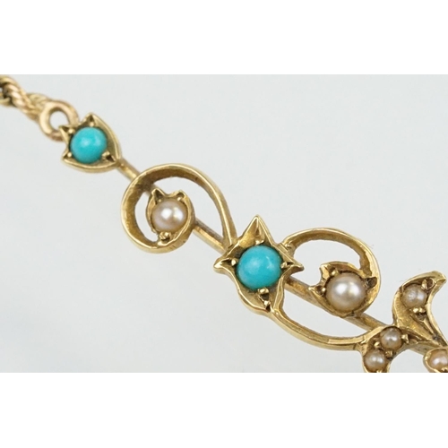 34 - 19th Century Victorian 15ct gold, seed pearl and turquoise collar necklace. The floral articulated c... 