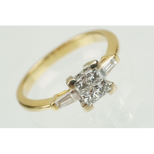 361 - Diamond 18ct yellow gold ring, four princess cut diamonds, each diamond measuring approx 2 x 2mm, ch... 