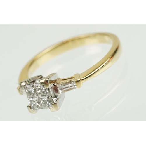 361 - Diamond 18ct yellow gold ring, four princess cut diamonds, each diamond measuring approx 2 x 2mm, ch... 