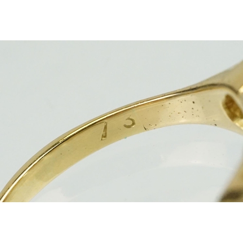 379 - Diamond unmarked yellow gold five stone ring, five graduated old cut diamonds, assessed clarities VS... 