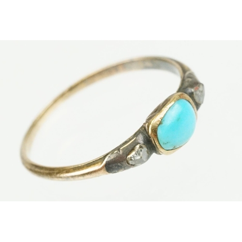 381 - Georgian turquoise and diamond three stone ring, the centre oval cabochon cut turquoise measuring ap... 