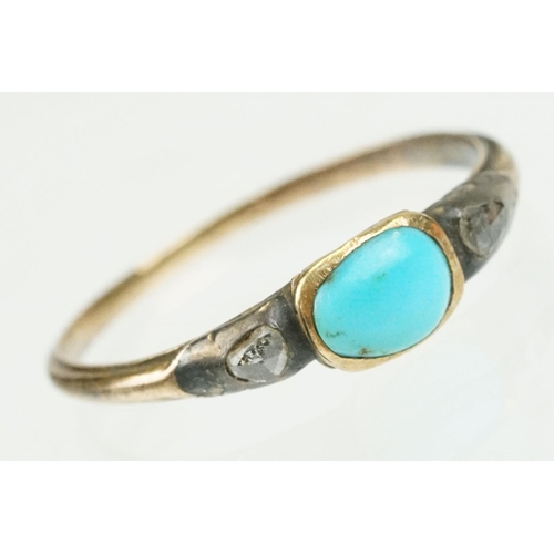 381 - Georgian turquoise and diamond three stone ring, the centre oval cabochon cut turquoise measuring ap... 