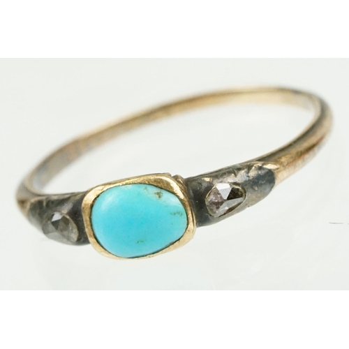 381 - Georgian turquoise and diamond three stone ring, the centre oval cabochon cut turquoise measuring ap... 