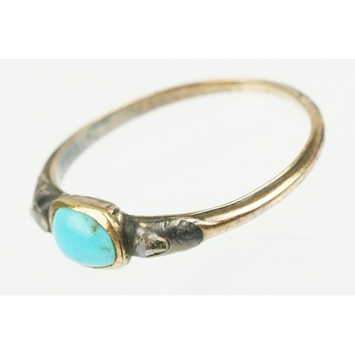 381 - Georgian turquoise and diamond three stone ring, the centre oval cabochon cut turquoise measuring ap... 