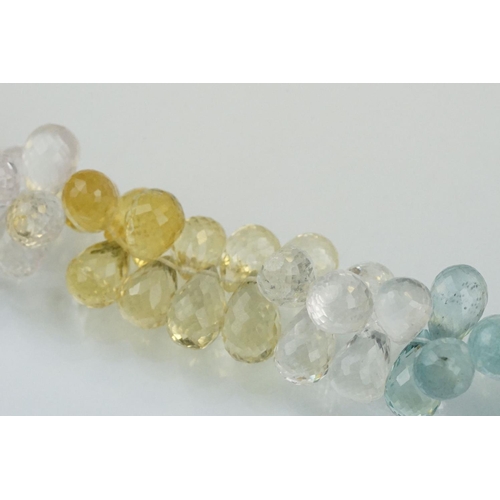 44 - Gemstone necklace strung with pink, white, blue and yellow faceted gemstone drops including aquamari... 