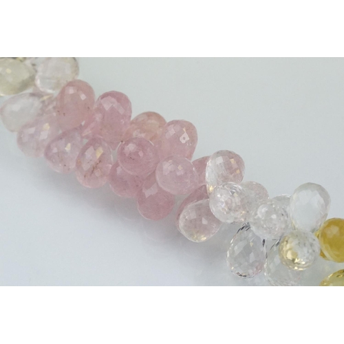 44 - Gemstone necklace strung with pink, white, blue and yellow faceted gemstone drops including aquamari... 