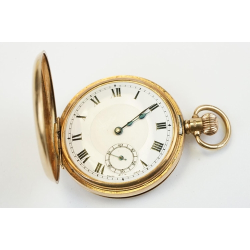 495 - Early 20th Century 9ct gold full hunter pocket watch having a white enamelled dial with arabic numer... 