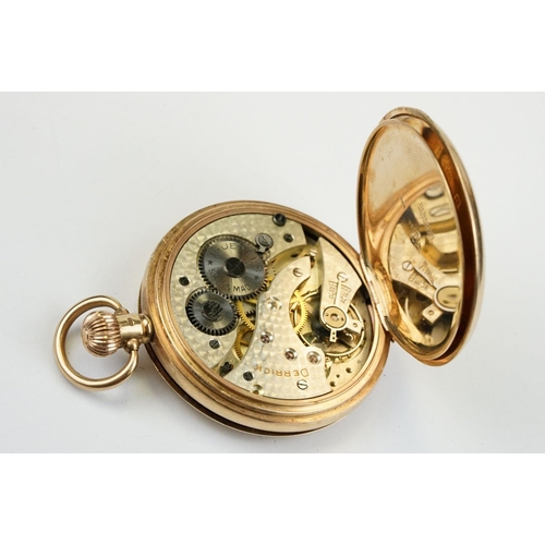 495 - Early 20th Century 9ct gold full hunter pocket watch having a white enamelled dial with arabic numer... 