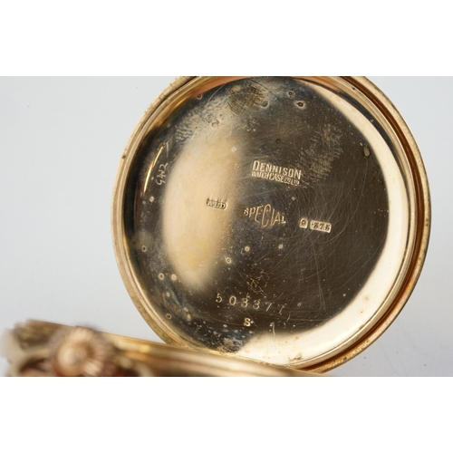 495 - Early 20th Century 9ct gold full hunter pocket watch having a white enamelled dial with arabic numer... 