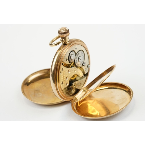 495 - Early 20th Century 9ct gold full hunter pocket watch having a white enamelled dial with arabic numer... 