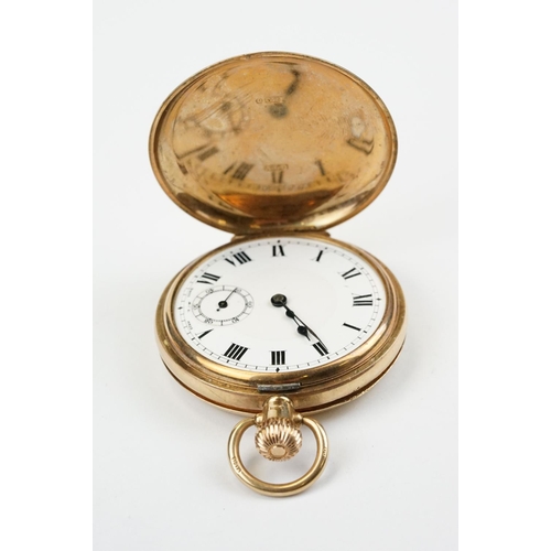 495 - Early 20th Century 9ct gold full hunter pocket watch having a white enamelled dial with arabic numer... 