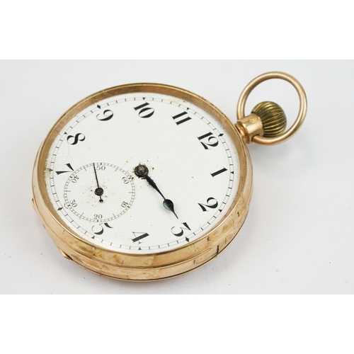 496 - Hallmarked 9ct gold open face pocket watch having a white enamelled dial with arabic numerals to the... 