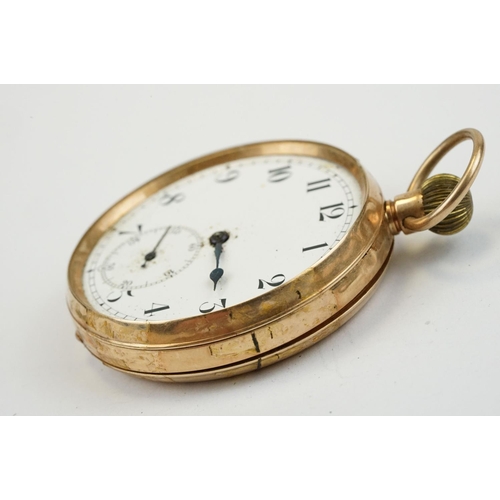 496 - Hallmarked 9ct gold open face pocket watch having a white enamelled dial with arabic numerals to the... 