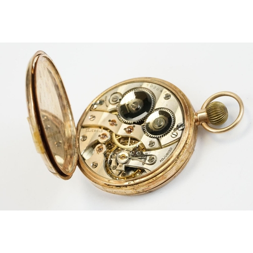 496 - Hallmarked 9ct gold open face pocket watch having a white enamelled dial with arabic numerals to the... 