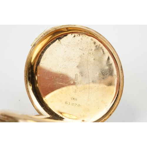 496 - Hallmarked 9ct gold open face pocket watch having a white enamelled dial with arabic numerals to the... 