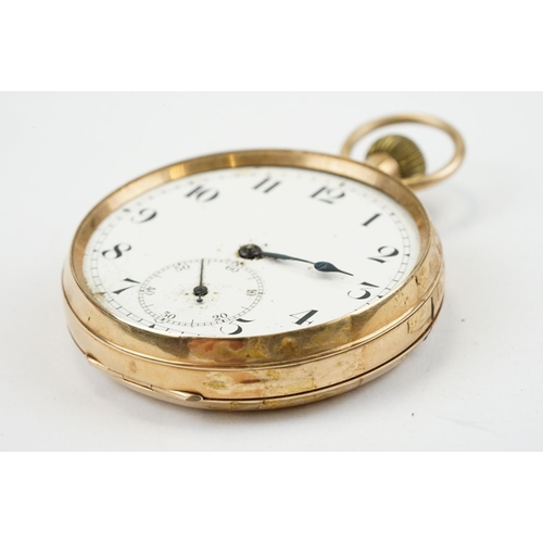 496 - Hallmarked 9ct gold open face pocket watch having a white enamelled dial with arabic numerals to the... 