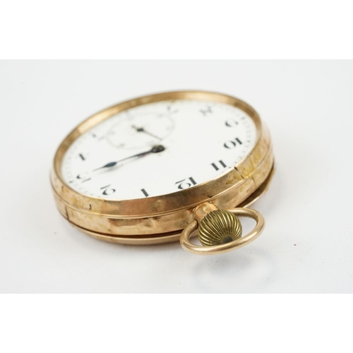 496 - Hallmarked 9ct gold open face pocket watch having a white enamelled dial with arabic numerals to the... 