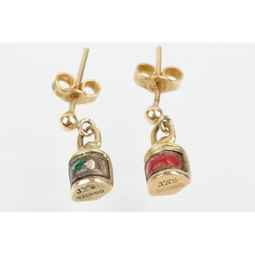 53 - Pair of vintage mid 20th Century 9ct gold hallmarked and enamelled lantern drop earrings. One enamel... 