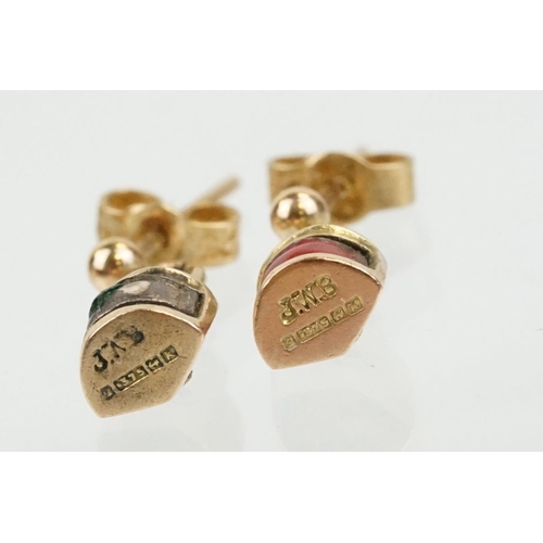 53 - Pair of vintage mid 20th Century 9ct gold hallmarked and enamelled lantern drop earrings. One enamel... 