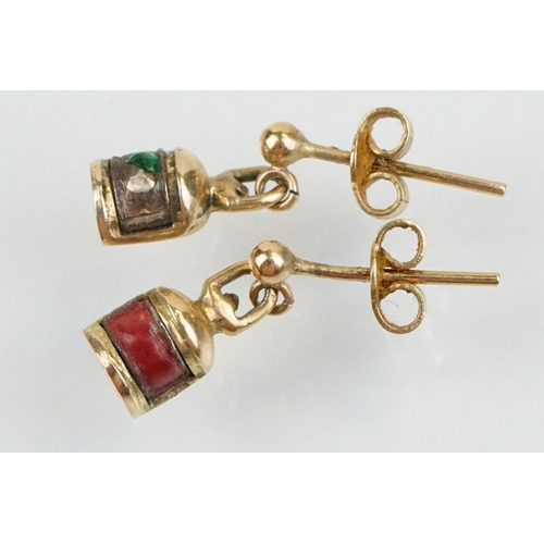 53 - Pair of vintage mid 20th Century 9ct gold hallmarked and enamelled lantern drop earrings. One enamel... 