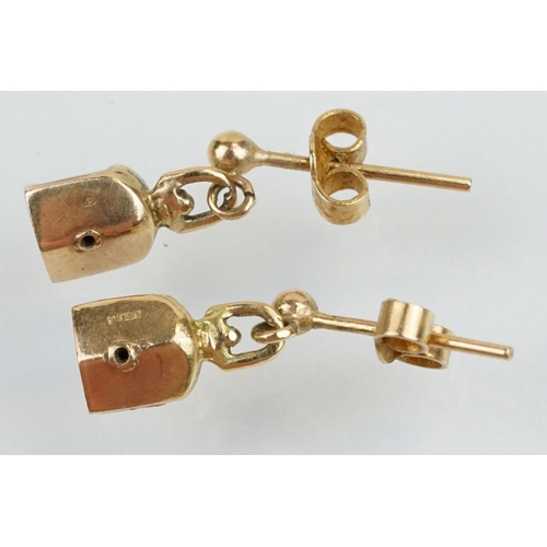 53 - Pair of vintage mid 20th Century 9ct gold hallmarked and enamelled lantern drop earrings. One enamel... 