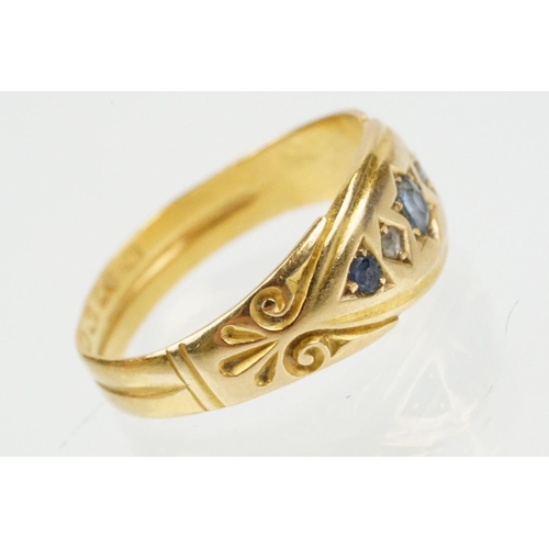 56 - 19th Century Victorian 18ct gold hallmarked diamond and sapphire five stone ring. Hallmarked London,... 