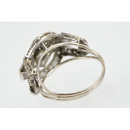 6 - Art Deco 18ct white gold and platinum diamond panel ring being set with a round brilliant cut diamon... 