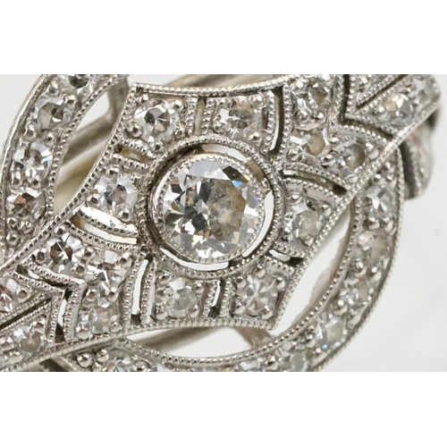 6 - Art Deco 18ct white gold and platinum diamond panel ring being set with a round brilliant cut diamon... 