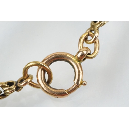 71 - 19th Century Victorian long guard chain having a rose gold spring ring clasp. Chain marked 15ct. Cha... 