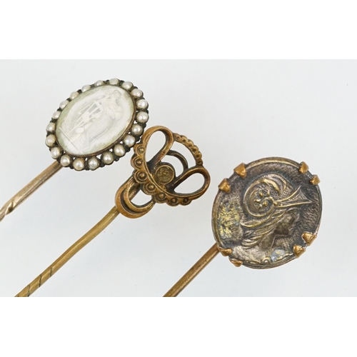 72 - Collection of 19th Century and antique jewellery to include a rose metal stick with reverse carved c... 