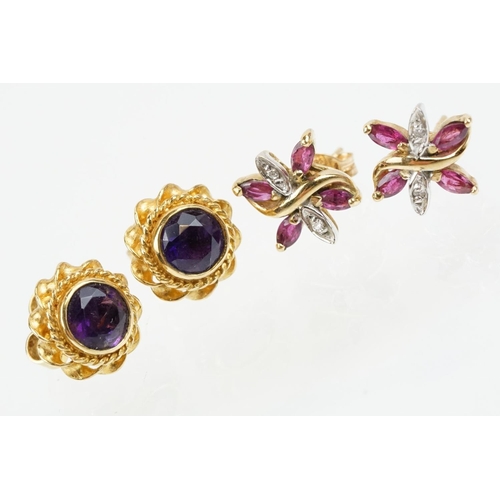 79 - Two pairs of 9ct gold stone set stud earrings to include a pair of ruby and diamond cluster earrings... 