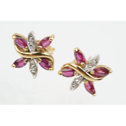 79 - Two pairs of 9ct gold stone set stud earrings to include a pair of ruby and diamond cluster earrings... 