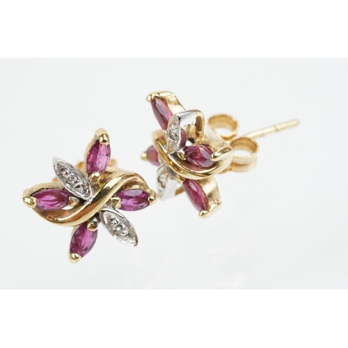 79 - Two pairs of 9ct gold stone set stud earrings to include a pair of ruby and diamond cluster earrings... 