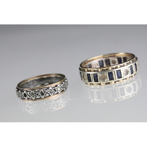 250A - Two 20th Century eternity rings to include one 9ct gold example set with blue and white stones (hall... 