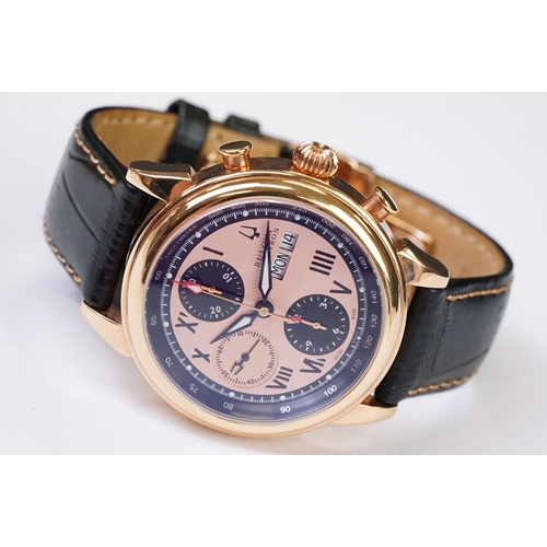 452 - Bulova Accutron Gents watch, no. C999285 A9, three subsidiary dials, date aperture, pink dial, navy ... 