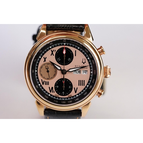 452 - Bulova Accutron Gents watch, no. C999285 A9, three subsidiary dials, date aperture, pink dial, navy ... 