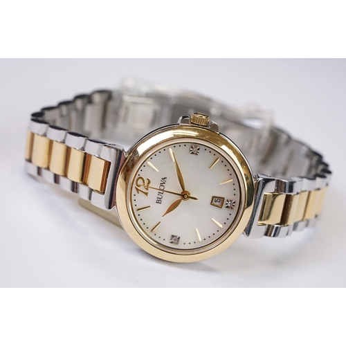 453 - Bulova ladies wristwatch, mother-of-pearl dial, date aperture, stainless steel, C977819, with tag, b... 