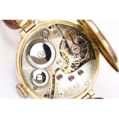 457 - A 1930's fully hallmarked ladies V.W.C. 9ct gold cased wristwatch with enamel and mother of pearl di... 