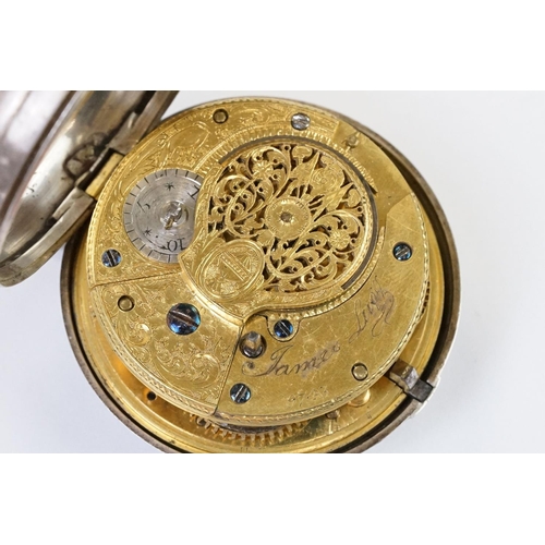 458 - An antique pair cased hallmarked sterling silver cased pocket watch, fussee movement signed 'James L... 