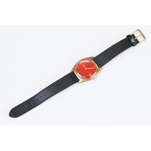 459 - A Vintage gents Omega Geneve automatic wristwatch, red dial, date function to 3 o'clock, Omega logo ... 