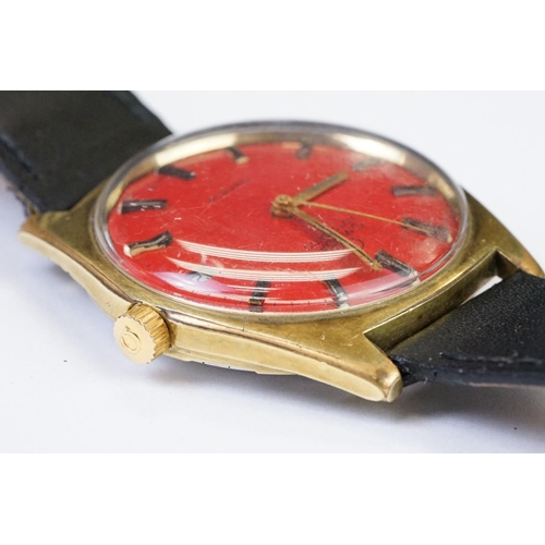 459 - A Vintage gents Omega Geneve automatic wristwatch, red dial, date function to 3 o'clock, Omega logo ... 