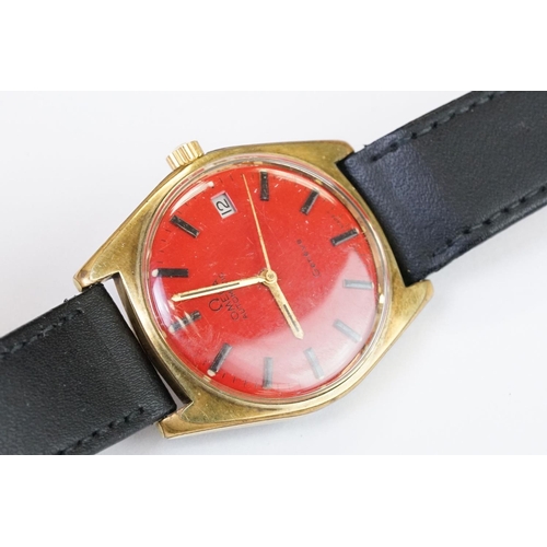 459 - A Vintage gents Omega Geneve automatic wristwatch, red dial, date function to 3 o'clock, Omega logo ... 