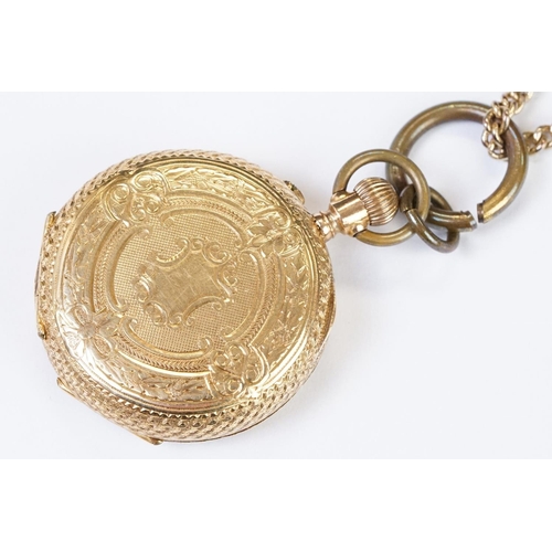 461 - An antique 18ct gold cased top winding fob watch, roman numeral markers with golden dial, clean cart... 